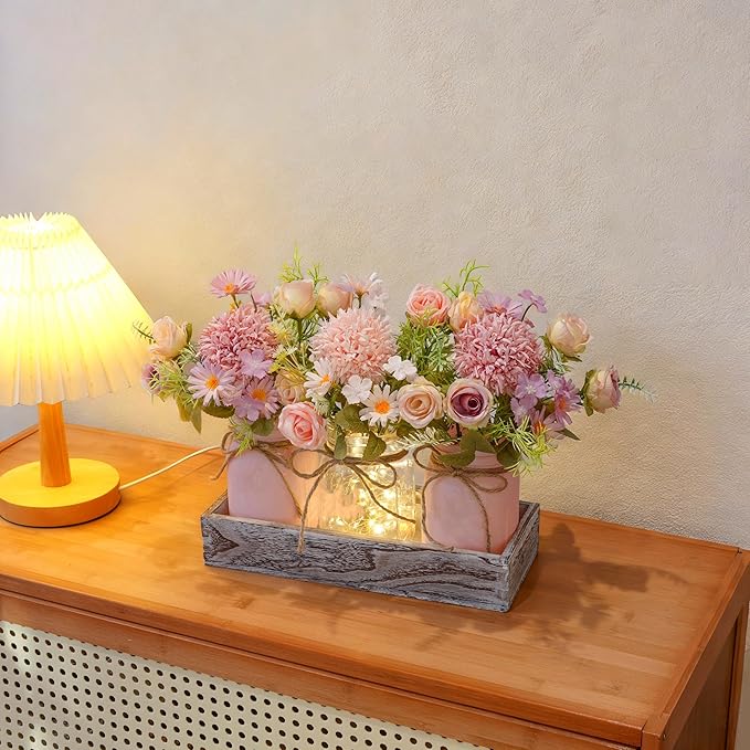 Mason Jar Lights Centerpiece Table Decor for Dining Room Farmhouse Wood Tray with 3 Jars Pink Flowers Valentines Day Decoration for Coffee Table Kitchen Living Room Wedding Spring Decoration