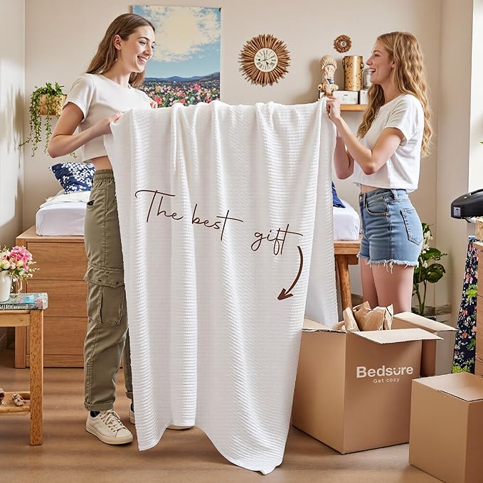Bedsure Gentlesoft 100% Cotton Blanket Twin XL Size for College Dorm - Cooling Breathable and Soft for Spring Summer, Waffle Weave Twin Blanket for Bed, Dorm Room Essentials, White, 66x90 inches
