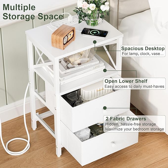 Nightstand Set of 2, Nightstands with Charging Station, Small Bedside Table with Storage Shelf, End Table with USB Ports & Outlets, with Fabric Drawers, for Couch, Bedroom(White) LET105W-2