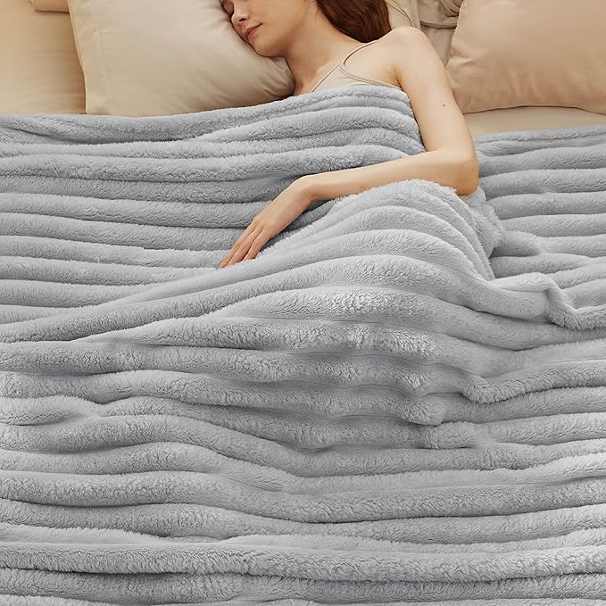 Bedsure Blankets Queen Size for Bed - 350GSM Super GentleSoft Fuzzy Fluffy Cozy Blankets for Women, Cute Large Plush Fleece Throws for Girls, Light Grey，90x90 Inches, Wider Striped Design
