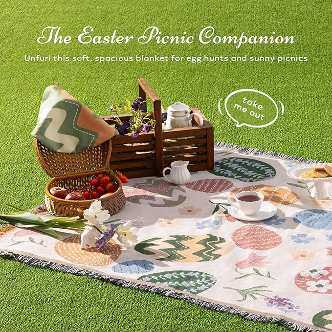 Ashler Easter Throw Blanket, Bed Tassel Blanket with Egg Bag, Soft Breathable Blankets with Easter Atmosphere Egg Pattern for Couch Sofa Living Room Bedroom Spring Decor, Beige, 50 x 60 Inches