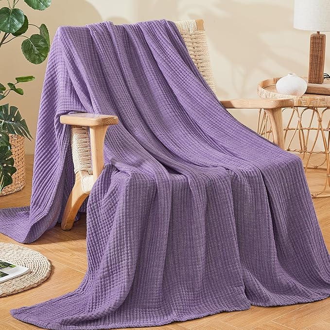 EMME Cotton Muslin Queen Blanket Bed Layering Bedspread Coverlet Breathable Gauze Soft Lightweight Adults (Heather Purple, 90"x90")
