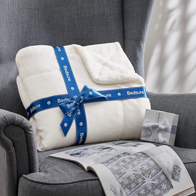 Bedsure GentleSoft Sherpa Fleece Blanket Queen Size for Bed, Non-Heated, Thick and Warm Throw for Women and Men, Soft Fuzzy Plush Queen Blanket for Winter, White, 90x90 Inches