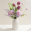 LUEUR Artificial Flowers with White Ceramic Vase – Spring Floral Centerpiece Table Decorations, Faux Tulip, Hydrangea & Lavender Flower Arrangement for Coffee Table, Dining Room, Spring Decor
