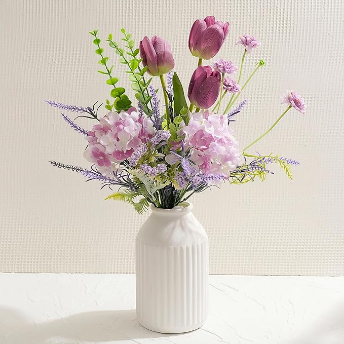 LUEUR Artificial Flowers with White Ceramic Vase – Spring Floral Centerpiece Table Decorations, Faux Tulip, Hydrangea & Lavender Flower Arrangement for Coffee Table, Dining Room, Spring Decor