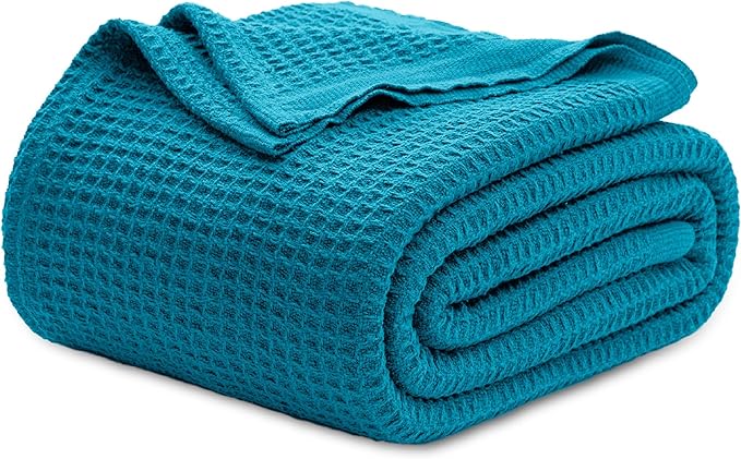 Bedsure Gentlesoft 100% Cotton Blanket Queen Size for Bed - Breathable and Soft for Spring Summer, Thick Cozy Waffle Weave Blanket Gifts for Women, Teal, 90x90 Inches