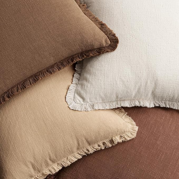 MIULEE Decorative Couch Pillow Covers Neutral Linen Fringe Throw Pillows Set of 4 Accent Rustic Cushions Boho Farmhouse Pillowcases for Bed Sofa Living Room Spring Home Decor 22x22 Inch Beige/Brown