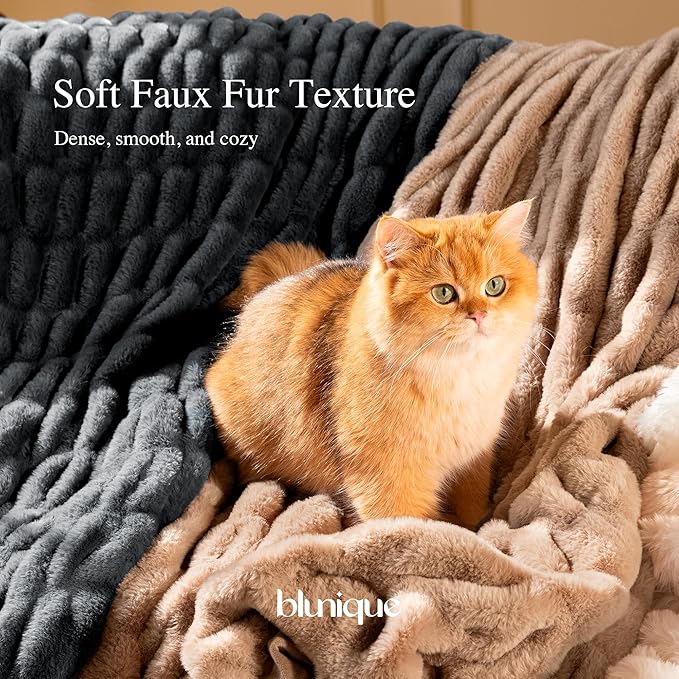 Faux Fur Blanket, Twin Size Oversized Throw Blanket for Couch, Fluffy Blanket with Stretch Ruched Design, Ultra Soft Giftable Home Decor, 60x80 inches, Charcoal Grey
