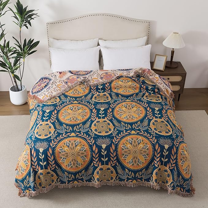 Boho Throw Blanket Throw Size, Soft Cozy Cotton Muslin Quilt Blanket for Bed Decor, Floral Patterned Couch Sofa Chair Cover, Vintage Farmhouse Cottage Tapestry Woven Blanket, Beige&Blue