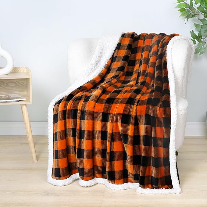 PAVILIA Black Orange Buffalo Plaid Sherpa Throw Blanket for Couch Twin, Soft Fuzzy Flannel Blanket for Bed, Plush Halloween Checkered Fleece Blanket and Throws, Warm Thick Winter Blanket Gift, 60x80
