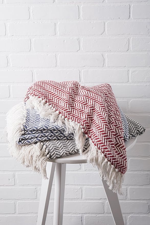 DII Modern Farmhouse Cotton Herringbone Blanket Throw with Fringe for Chair, Couch, Picnic, Camping, Beach, & Everyday Use, 50 x 60 - French Blue