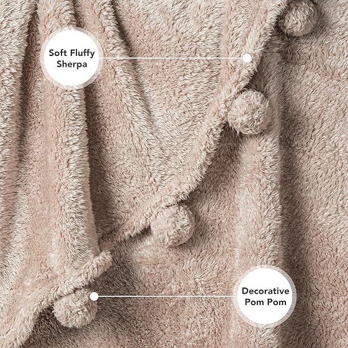 PAVILIA Taupe Sherpa Throw Blanket for Couch, Warm Plush Pom Pom Blanket Throw, Tan Fuzzy Sofa Throw, Lightweight Soft Cozy Fluffy Blanket with Pom Poms, Light Brown, 50x60