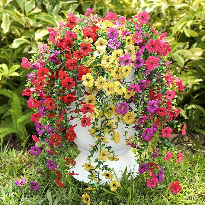 Artificial Flowers for Outdoors Spring Decor, 6 Bundles UV Resistant Realistic Fuax Silk Hanging Flowers, Fake Plants for Planter Indoor Outside Garden Porch Patio Balcony Yard Farmhouse