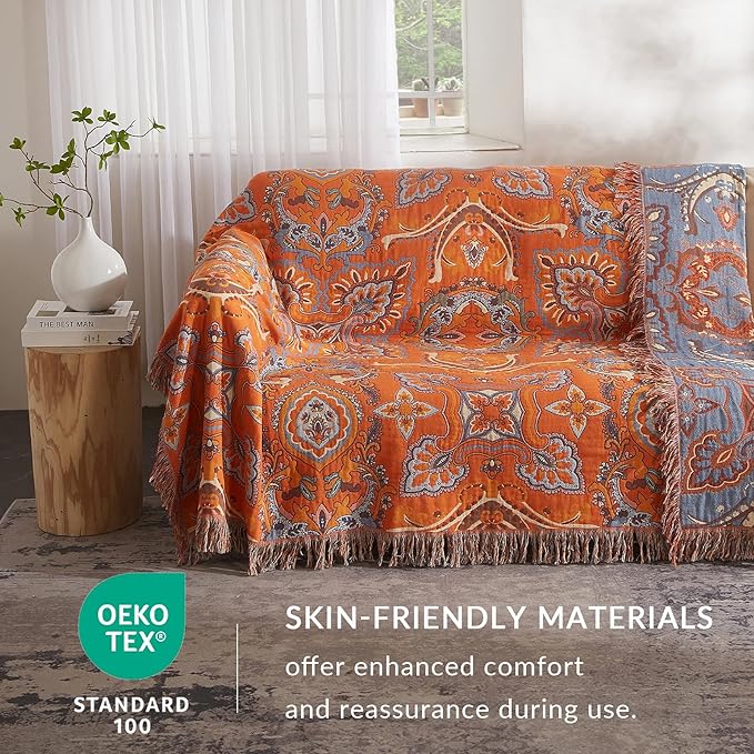 Boho Throw Blanket for Couch Sofa Bed, 100% Cotton Woven Quilt with Tassel 50”x60”, Super Soft Muslin Blanket with Floral Printed, Decorative Reversible Bed Blanket/Cover for All Seasons