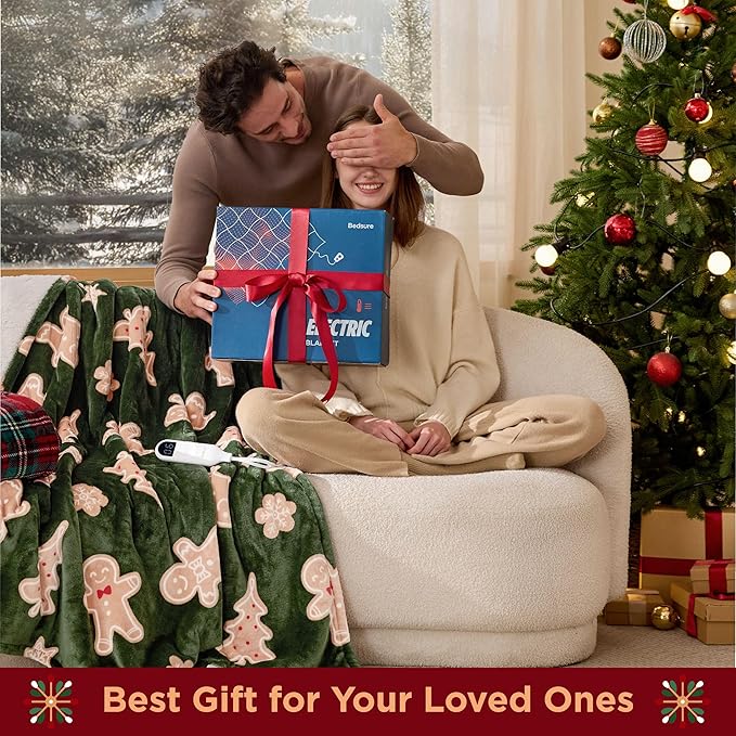 Bedsure Electric Blanket Twin - Soft Flannel Sherpa Heated Blanket with Gingerbread Pattern, for Grandma, Heating with 6 Heating Levels, 10 Time Settings, and 8-Hour Auto-Off (62"x84")