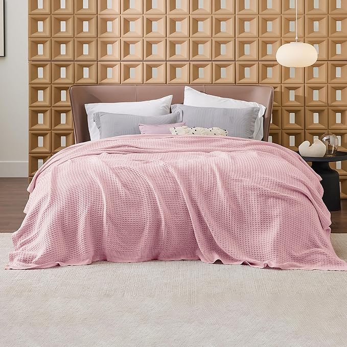 Bedsure Gentlesoft 100% Cotton Blanket King Size for Bed - Breathable and Soft for Spring Summer, Thick Cozy Waffle Weave Blanket Gifts for Women, Pink, 104x90 inches