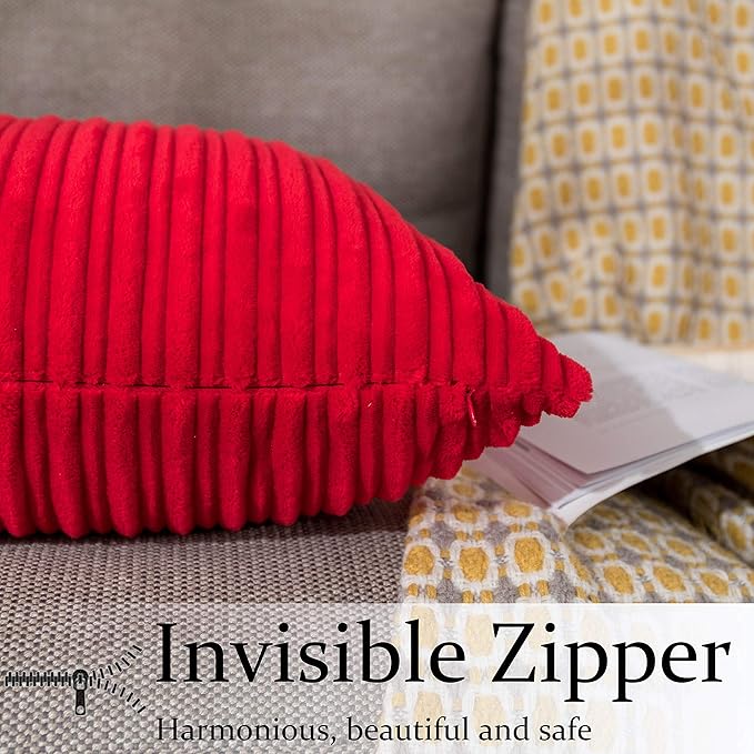 UGASA Corduroy Striped Soft Decorative Throw Pillow Covers Soild Square Set Cushion Cases Christmas Decor Pillowcases for Sofa Bedroom, 2 Pcs, 16x16inch, Red