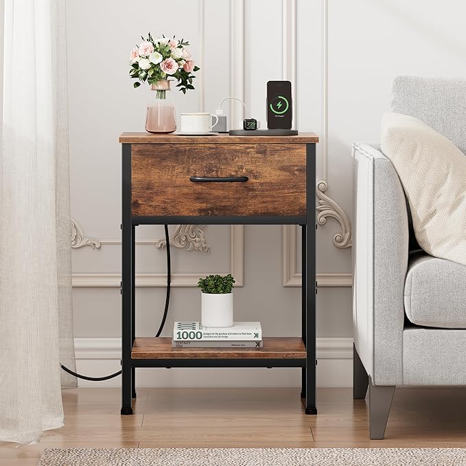 Vagusicc Nightstand Set of 2 with Charging Station, Bed Side Table with Fabric Drawer, Small End Table with 2-Tier Storage Shelves, 25.4" Tall Bedside Table, Night Stand for Bedroom Dorm, Rustic Brown