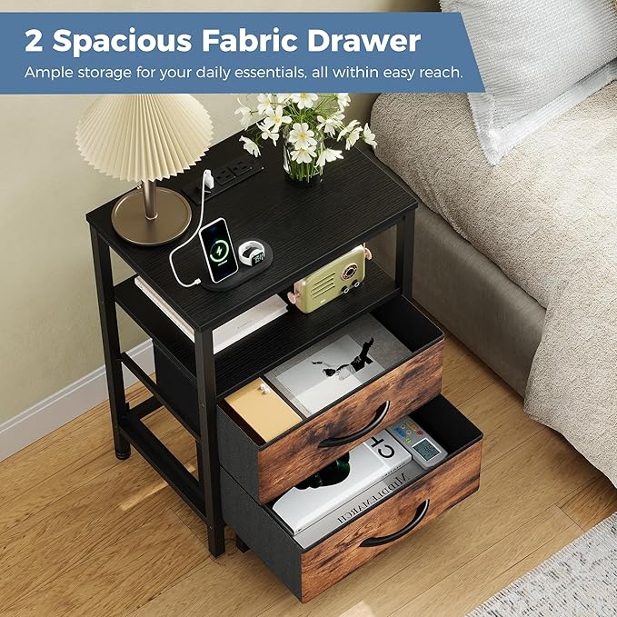 DUMOS Nightstand Set of 2 with Built in Charging Station USB Ports and Outlets Adjustable Fabric Drawer Storage Bedside Table with Open Shelf for Bedroom,Black and Brown