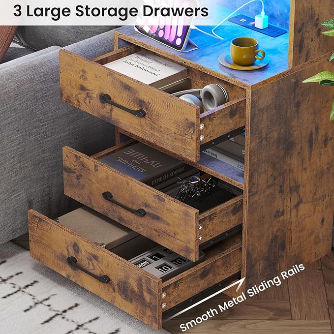 VIAGDO Tall Nightstand Set of 2 with Charging Station and LED Lights, Rustic Brown Night Stand Set 2 with Bookshelf, Modern LED Bedside Tables with 3 Drawers and Storage Shelves, Side Tables Bedroom