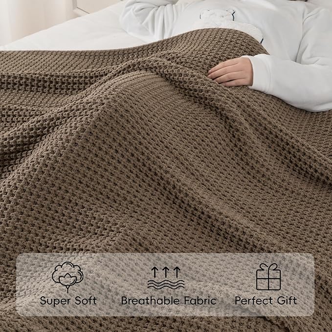 Bunnikins & Clover Knitted Waffle Throw Blanket 60x80 Inches, Camel Tan Throw Blanket for Couch, Tan Blanket Fluffy Cozy Knit Soft Throws for Women Mothers Birthday Gifts