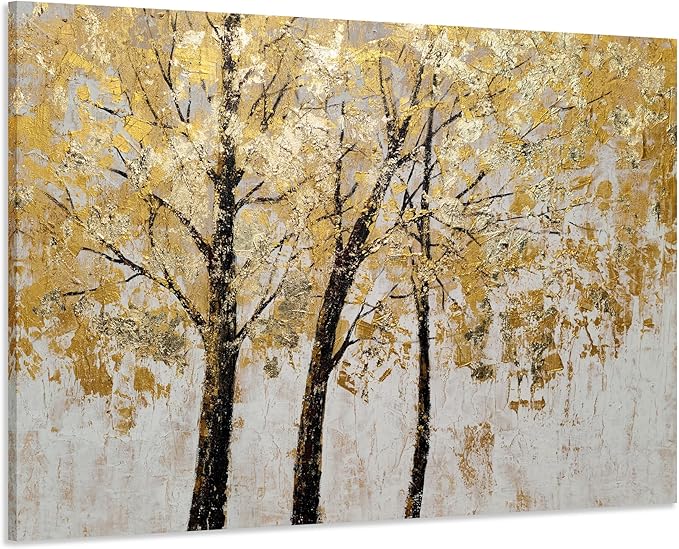 Yihui Arts Tree Painting with Gold Foil - Hand Painted Landscape Canvas Wall Art for Farmhouse Living Room, Bedroom, and Bathroom Decor