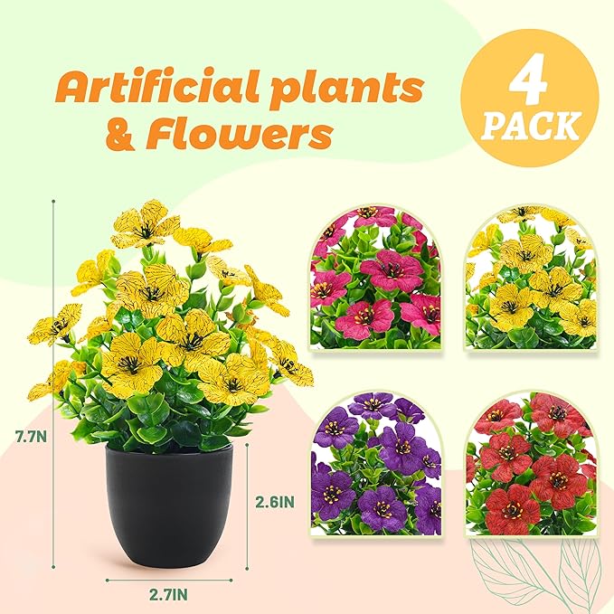 Der Rose 4 Pack Small Fake Plants Spring Artificial Flowers with Fragrance Faux Plants Indoor Black Bathroom Accessories for Home Room Office Desk Decor