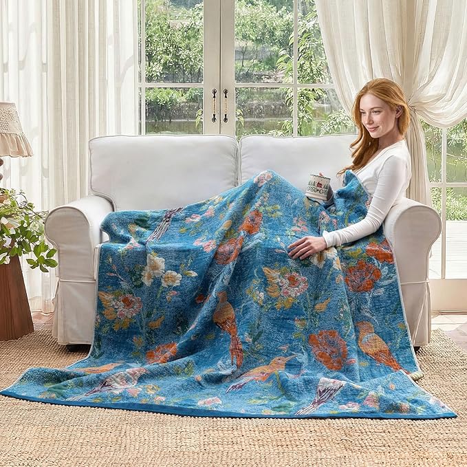 Boho Throw Blanket for Bed Cotton Spring Blankets for Bedroom Living Room Twin All Season Lightweight Floral Birds Embroidery Quilt for Couch Sofa Chair 60"x80"