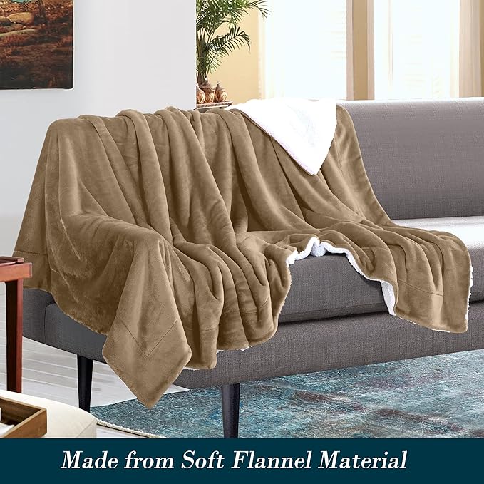 Mocassi Premium Ultra-Soft Flannel Fleece Sherpa Throw Blanket - Warm Cozy Reversible Plush Micromink Blanket for Couch, Bed and Sofa - Fluffy, Christmas Winter Bedding Gift, Queen, Taupe
