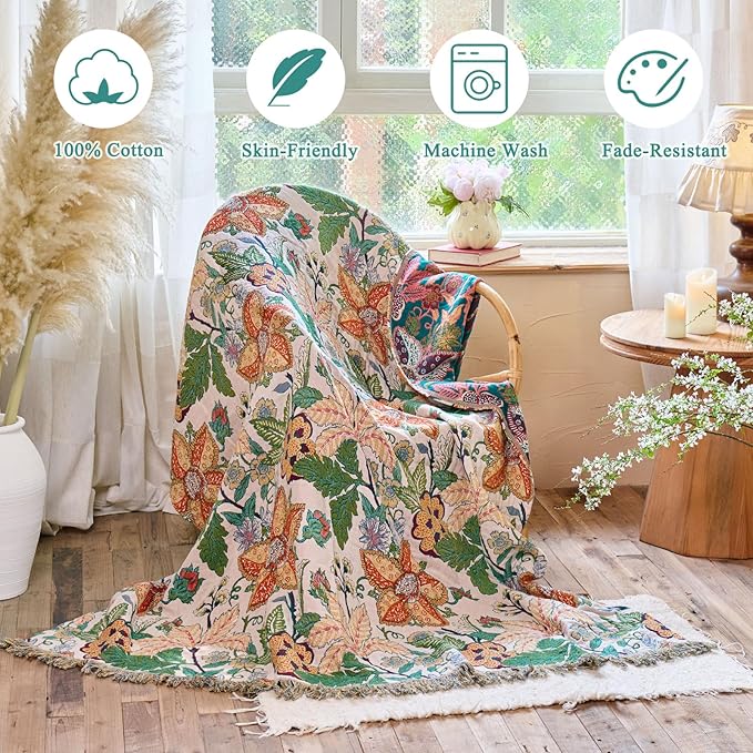 Boho Throw Blanket - 50"x60" 100% Cotton Soft Breathable Lightweight Bed Blanket, Reversible Muslin Spring Blankets Green Floral Farmhouse Decor Rustic Quilt for Bed Couch
