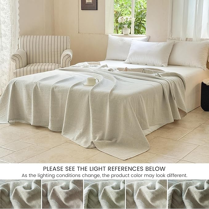 Simple&Opulence Linen Cotton Throw Blanket with Double Layered Folded Edge for Couch/Bed/Sofa/Gift, Natural Flax Solid Color Soft Breathable Cozy Farmhouse Home Décor - Linen, 50"x60"