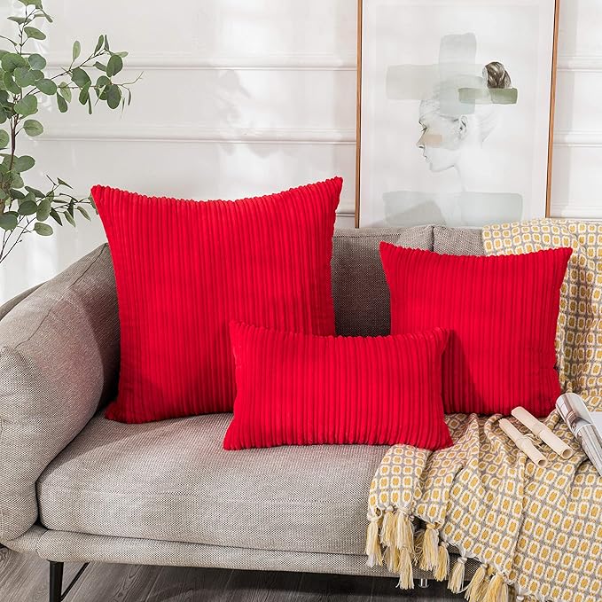 UGASA Corduroy Striped Soft Decorative Throw Pillow Covers Soild Square Set Cushion Cases Christmas Decor Pillowcases for Sofa Bedroom, 2 Pcs, 16x16inch, Red