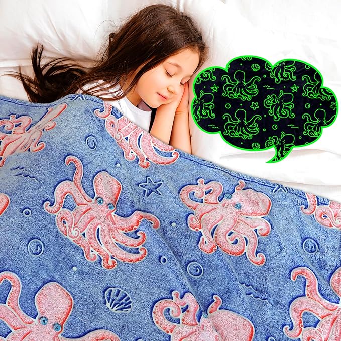 Octopus Twin Blanket for Couch & Bed, Large Soft Warm Ocean Blanket for Adults Kids, Blue Sea Animal Twin Size Fleece Throw for Bedroom Home Decor 60"x80"