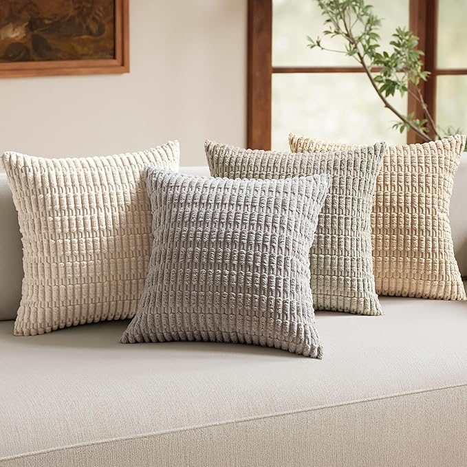 MIULEE Pack of 4 Neutral Corduroy Decorative Throw Pillow Covers 16x16 Inch for Sofa Living Room Couch Bed Rustic Farmhouse Boho Soft Striped Pillow Covers Home Decor Beige and Brown