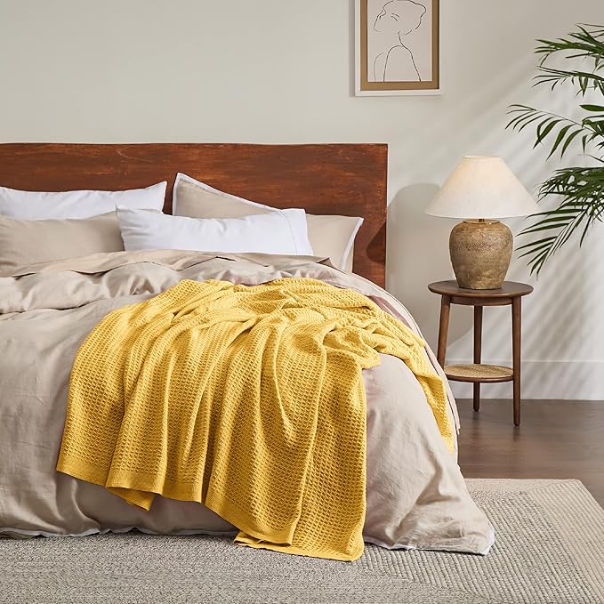 Bedsure Gentlesoft 100% Cotton Blanket Queen Size for Bed - Breathable and Soft for Spring Summer, Thick Cozy Waffle Weave Blanket Gifts for Women, Mustard Yellow, 90x90 Inches