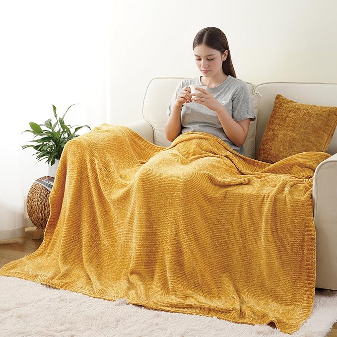 BATTILO HOME Mustard Yellow Throw Blanket for Couch, Knit Gold Chenille Throw Blanket for Sofa,Chair, Soft Cozy Spring Blanket for Bed,Home Decor, 51"x67"