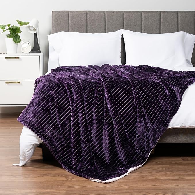 PAVILIA Dark Purple Sherpa Fleece Throw Blanket for Couch, Soft Plush Fuzzy Blankets, Fluffy Flannel Sherpa Blanket for Sofa, Warm 3D Ribbed Winter Blanket Gift, 50x60 inches