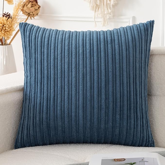 UGASA Velvet 24x24 Inch Soft Throw Pillow Cover Boho Farmhouse Decorative Corduroy Striped Both Sides Solid Square Cushion Case for Couch Bedroom Sofa Home, 1 Piece, Dusty Blue