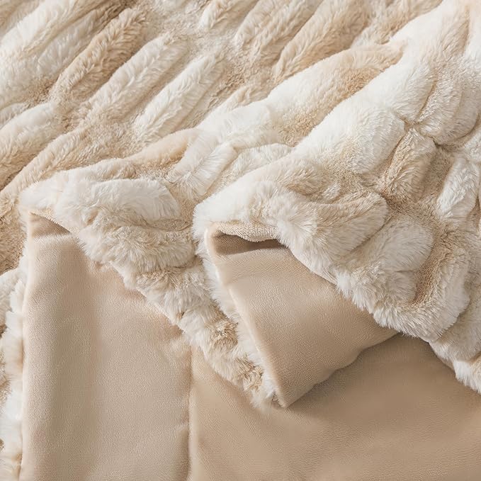 WDCOZY Ruched Faux Fur Throw Blanket Soft Cozy Fluffy Luxurious Blankets Couch Bed Sofa Chair Home Decor Warm Furry Fall Winter Plush Rabbit Fur Bubble Blanket 60" x 80", Caramel Beige Camel Neutral
