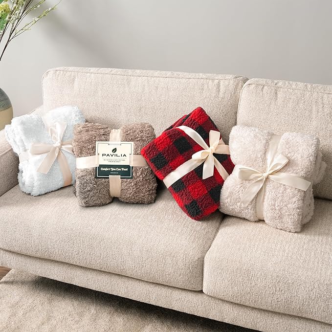 PAVILIA Sherpa Throw Blanket for Couch Sofa, White Fluffy Warm Plush Blanket for Twin Bed, Cozy Super Soft Lightweight Throw, Fuzzy Decorative Blanket, All Season Home, 60x80
