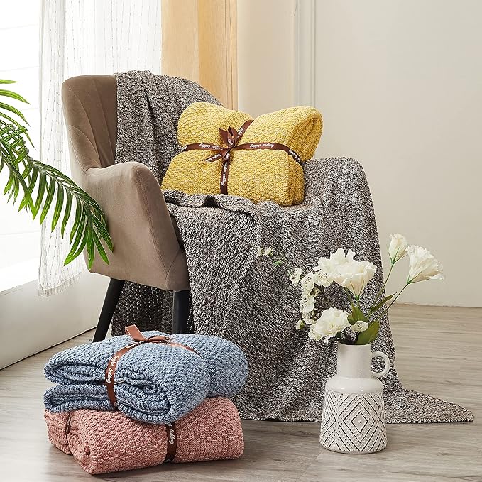 Longhui bedding Bright Yellow Knitted Throw Blanket for Couch, Soft, Cozy Machine Washable 100% Cotton Sofa Knit Blankets, Heavy 3.0lb Weight, 51 x 63 Inches, Yellow and White Color