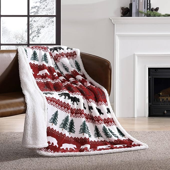 Eddie Bauer - Throw Blanket, Brushed Fleece & Plush Sherpa Bedding, Blanket for Couch & Bed (Grizzly Peak Red, 50" x 60")