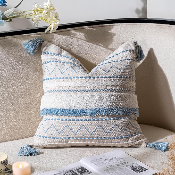BlissBlush Decorative Throw Pillow Covers 20x20 Combo Set of 2 Square Coastal Blue Boho Accent Pillowcase Tassels Farmhouse Cushion for Couch Sofa Bedroom Living Room Home Décor Cover ONLY