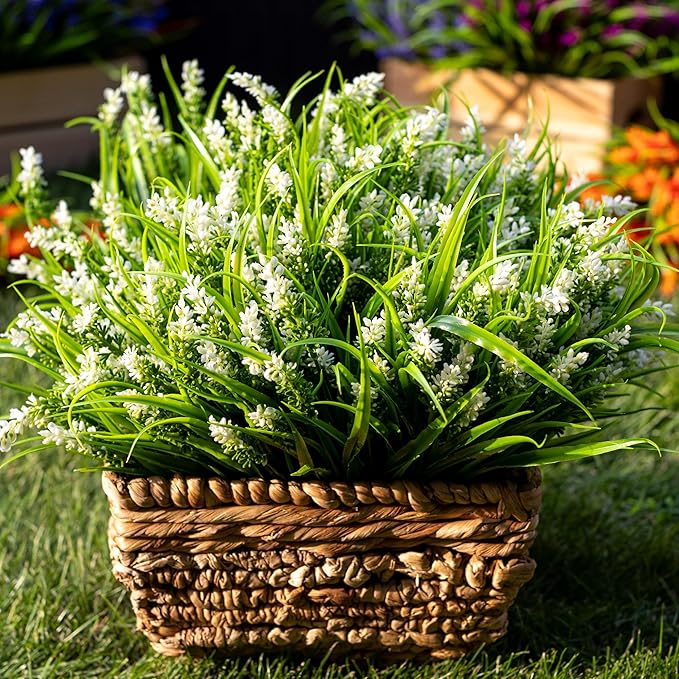 Artificial Flowers for Outdoors Plants - 20 Bundles Fake Lavender Plastic Faux Monkey Grass UV Resistant for Home Decorations (20, White)