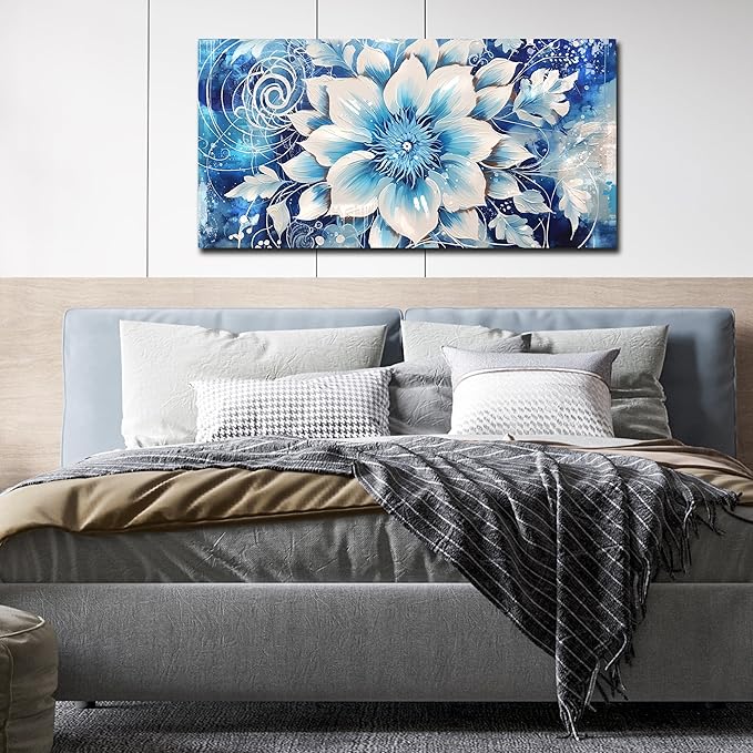Flower Picture Wall Decor for Bedroom Large Blue Flower Canvas Wall Art for Office Framed Floral Wall Art for Living Room Ready To Hang Size 40 x 20 Inch