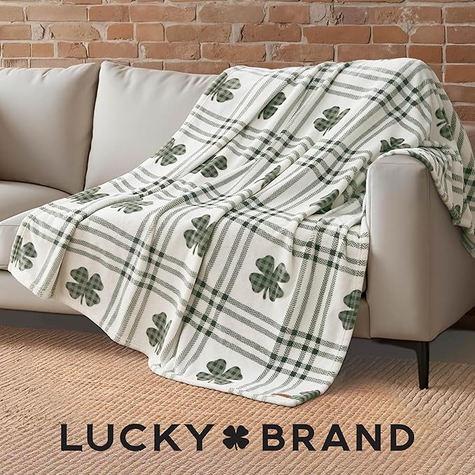 Lucky Brand 50" x 70" Plush Throw Blanket, Clover Gingham Plaid Sage Green Blanket for Sofa or Bed