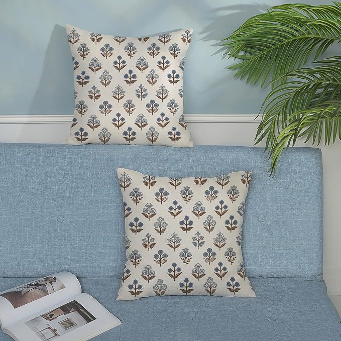 Brown Blue Pillow Covers 18x18 Set of 2 Boho Block Print Floral Pillow Cases Vintage Flower Pattern Decorative Throw Pillows Linen Outdoor Decor Farmhouse Cushion Cover for Couch Sofa Bed