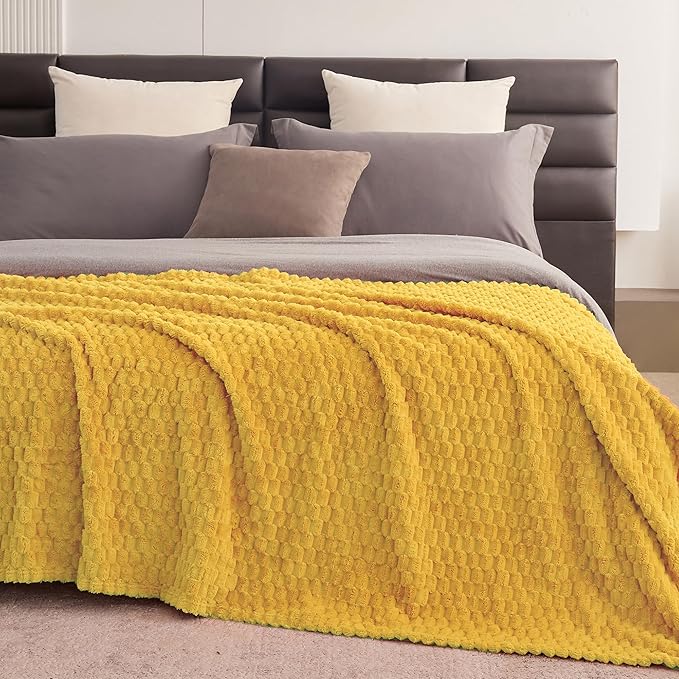 Super Soft Fleece King Size Blanket 90x102 Inches for Bed, Premium Silky with 3D Imitation Turtle Shell Jacquard Decorative Blankets, Lightweight and Cozy for Living Room.Yellow