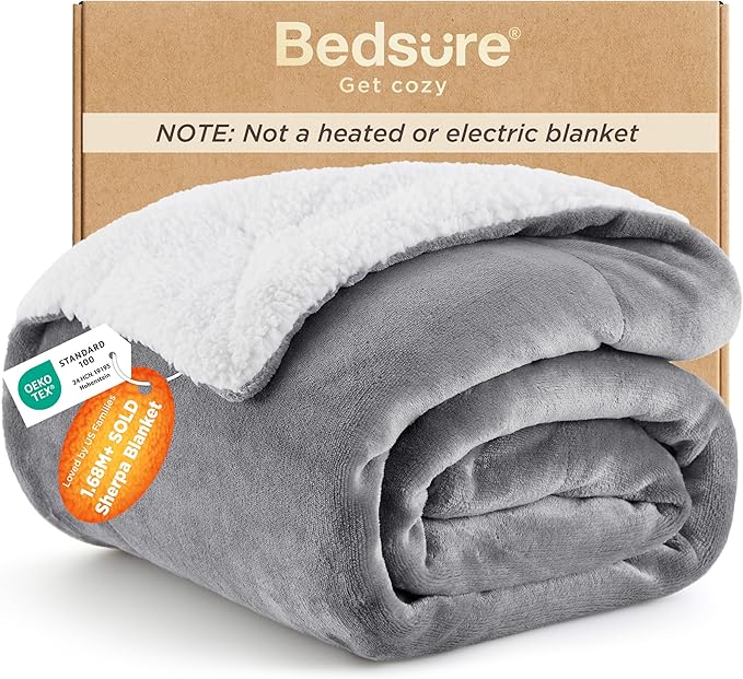Bedsure GentleSoft Sherpa Fleece Twin Blanket for Couch, Non-Heated, Thick and Warm Throw for Women and Men, Soft Fuzzy Plush Blanket for Winter, Grey, 60x80 Inches