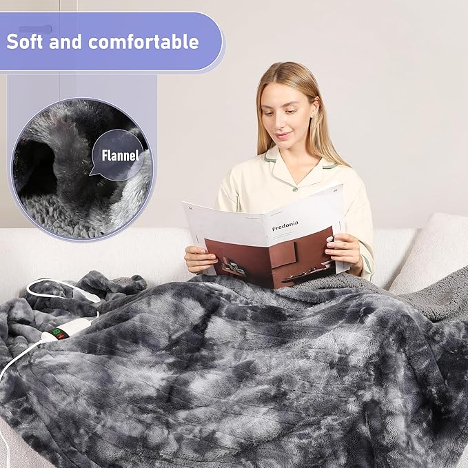 Electric Heated Blanket Queen 84''x90''Size Faux Fur Heating Blanket 10 Heating Settings, 1-8h Timer & Overheat Protection, Machine Washable, Soft Flannel and Sherpa Full Body Warmth
